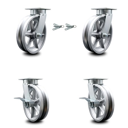 Service Caster 8 Inch Kingpinless V Groove Semi Steel Wheel Caster Swivel Locks 2 Brakes, 2PK SCC-KP30S820-VGR-BSL-2-SLB-2
